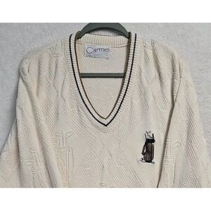 Vintage Camel Men Lg V Neck Golf Sweater 1990s Knit All Over Print Preppy White